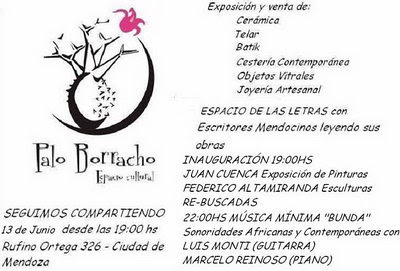 Actividades del Espacio Cultural Palo Borracho para el sábado 13 de junio